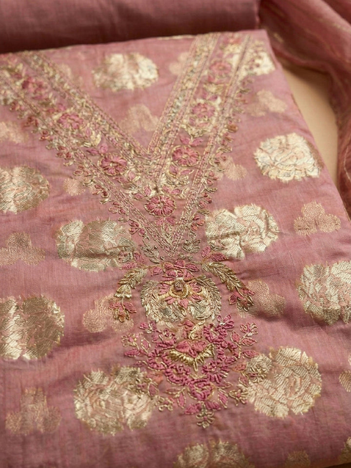 Peach Embroidery Chanderi Unstitched Dress Material