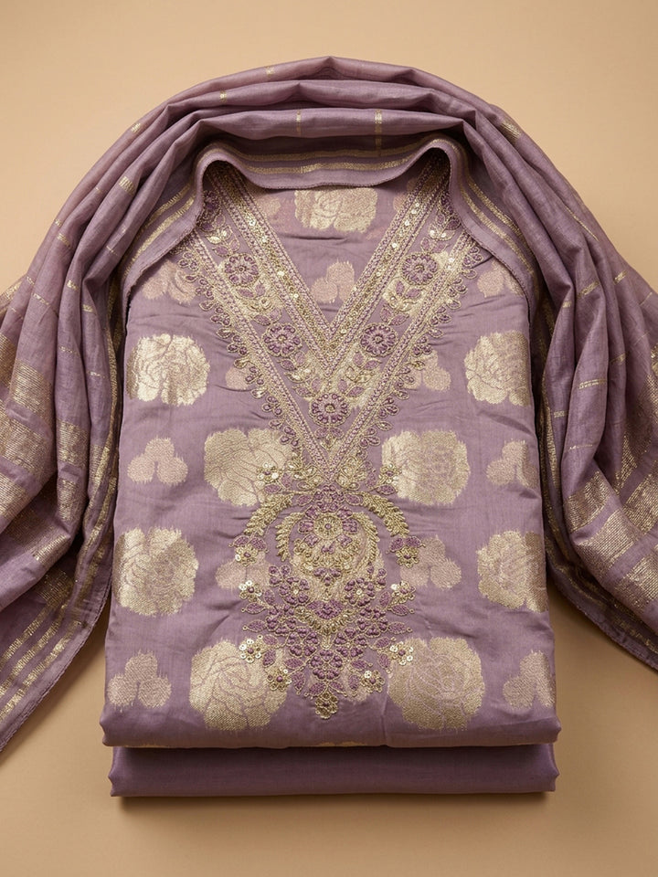 Purple Embroidery Chanderi Unstitched Dress Material