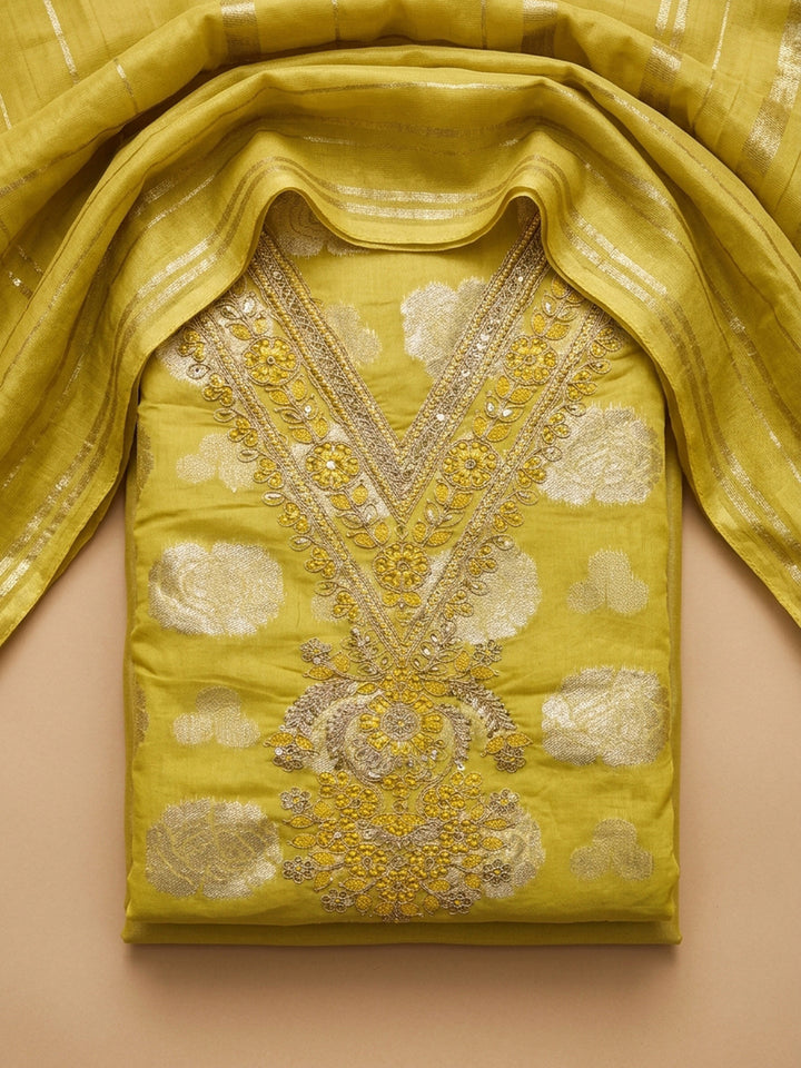 Yellow Embroidery Chanderi Unstitched Dress Material