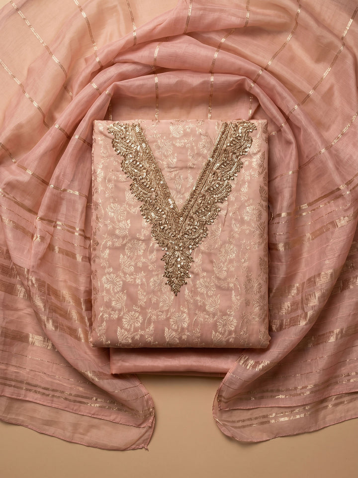 Peach Embroidered Chanderi Unstitched Suit &amp; Pant With Chanderi Dupatta