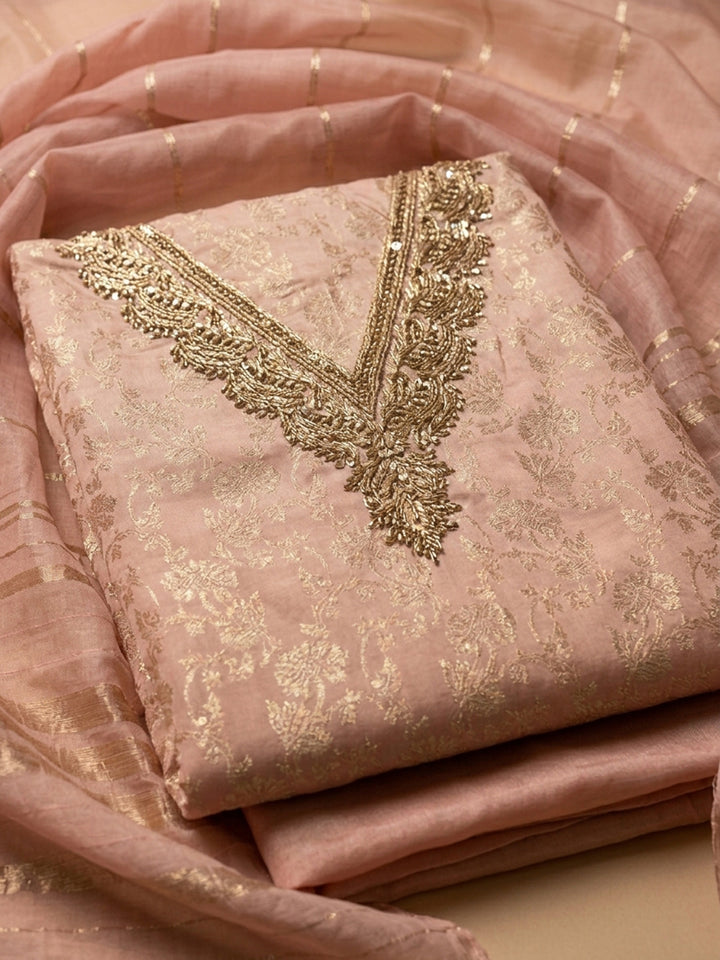 Peach Embroidered Chanderi Unstitched Suit &amp; Pant With Chanderi Dupatta