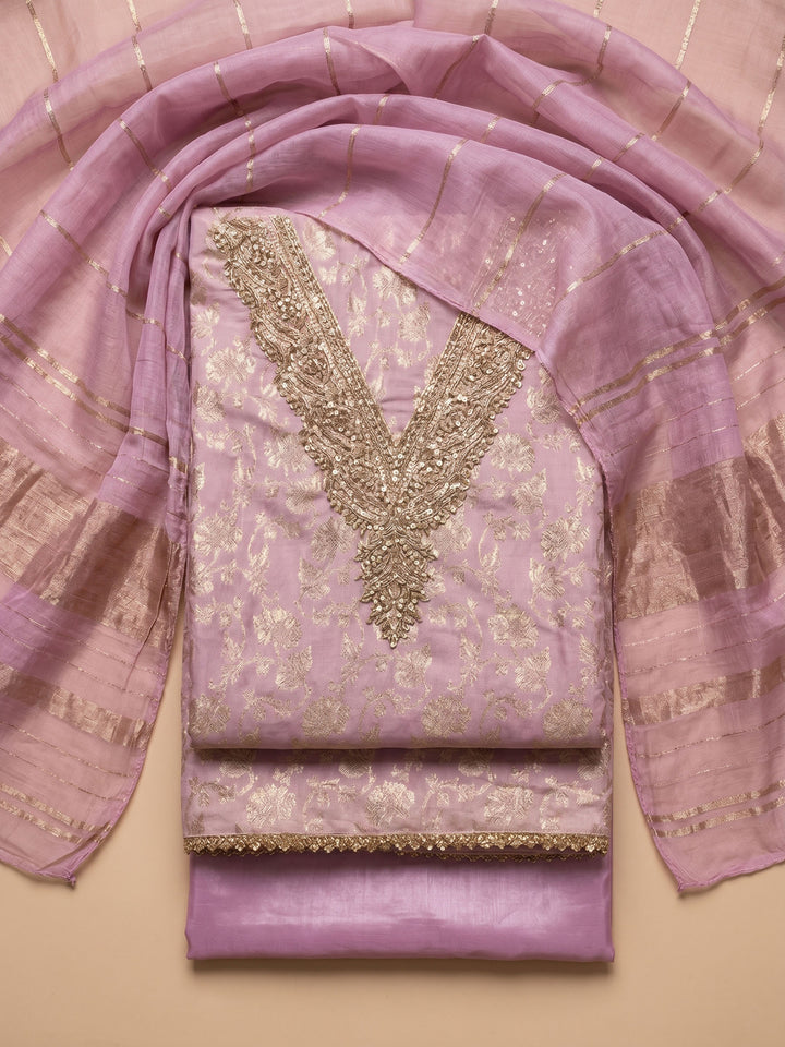 Pink Embroidered Chanderi Unstitched Suit &amp; Pant With Chanderi Dupatta