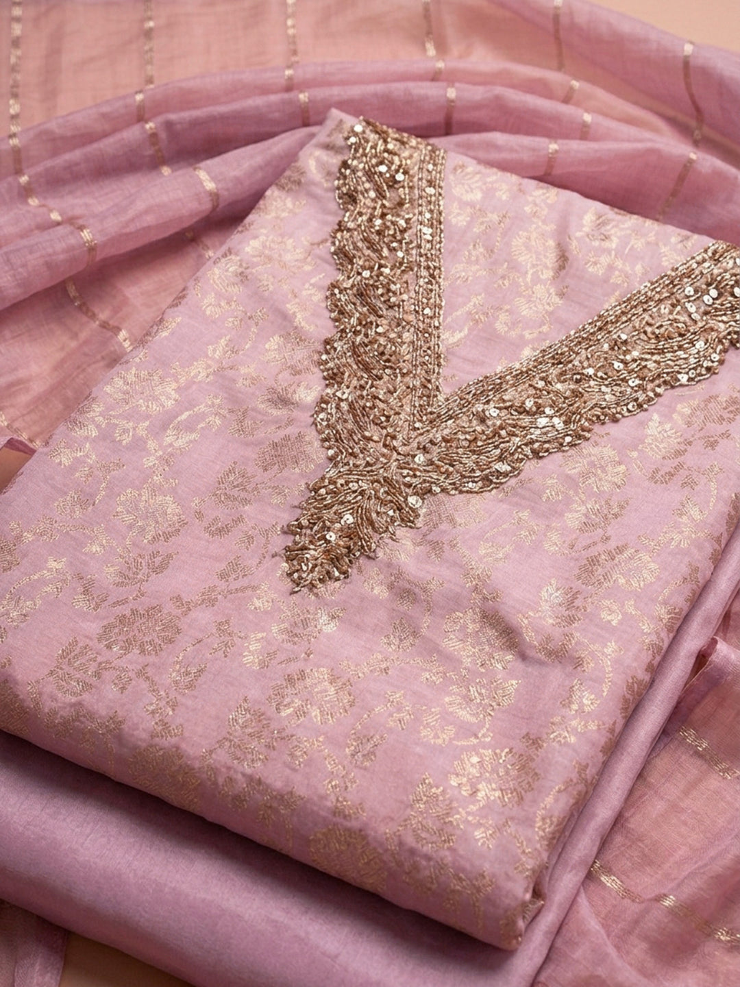 Pink Embroidered Chanderi Unstitched Suit &amp; Pant With Chanderi Dupatta