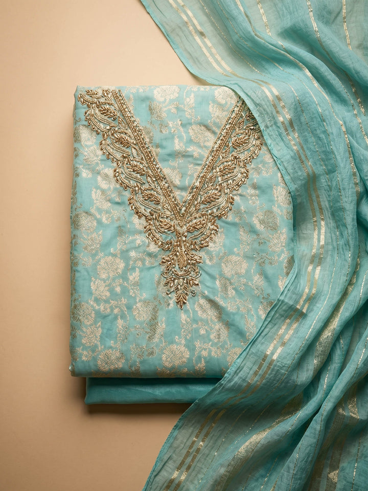 Sea Green Embroidered Chanderi Unstitched Suit &amp; Pant With Chanderi Dupatta