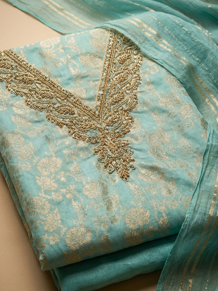 Sea Green Embroidered Chanderi Unstitched Suit &amp; Pant With Chanderi Dupatta