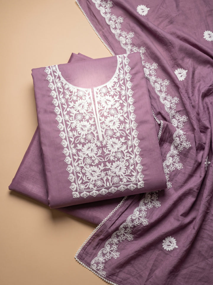 Lavender Embroidered Chanderi Unstitched Suit &amp; Pant With Chanderi Dupatta