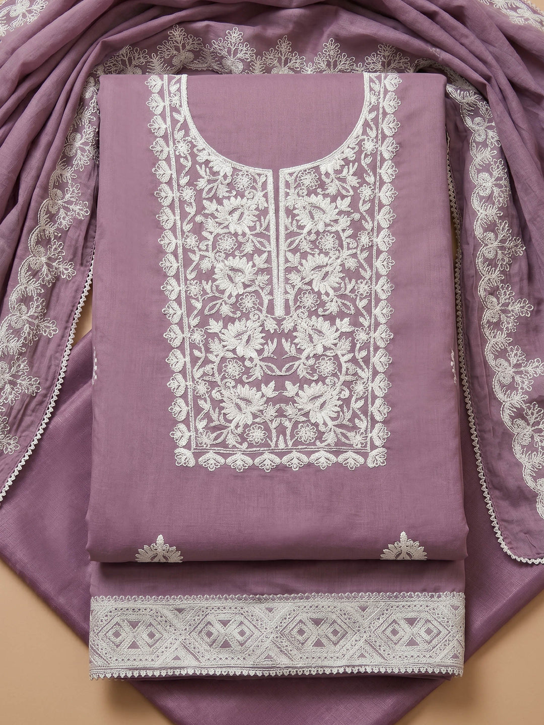 Lavender Embroidered Chanderi Unstitched Suit &amp; Pant With Chanderi Dupatta