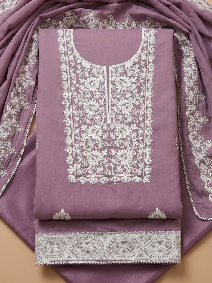 Lavender Embroidered Chanderi Unstitched Suit &amp; Pant With Chanderi Dupatta