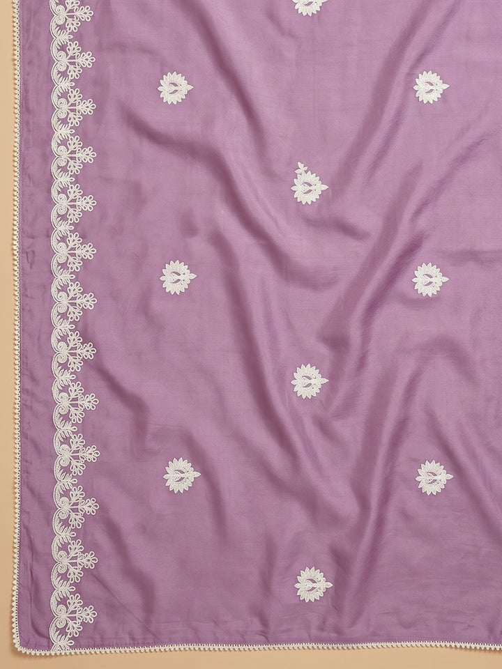 Lavender Embroidered Chanderi Unstitched Suit &amp; Pant With Chanderi Dupatta