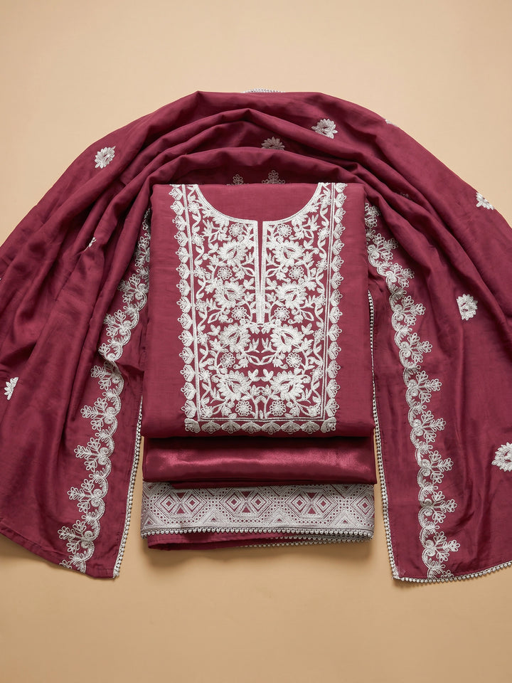 Maroon Embroidered Chanderi Unstitched Suit &amp; Pant With Chanderi Dupatta