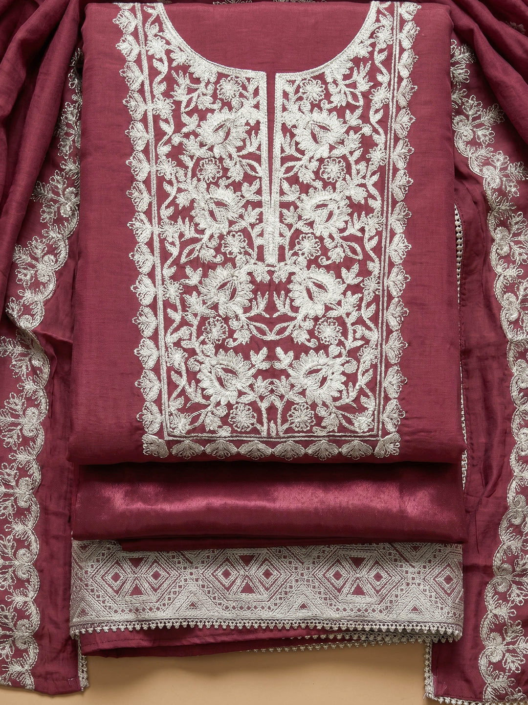 Maroon Embroidered Chanderi Unstitched Suit &amp; Pant With Chanderi Dupatta