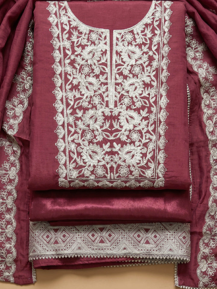 Maroon Embroidered Chanderi Unstitched Suit &amp; Pant With Chanderi Dupatta