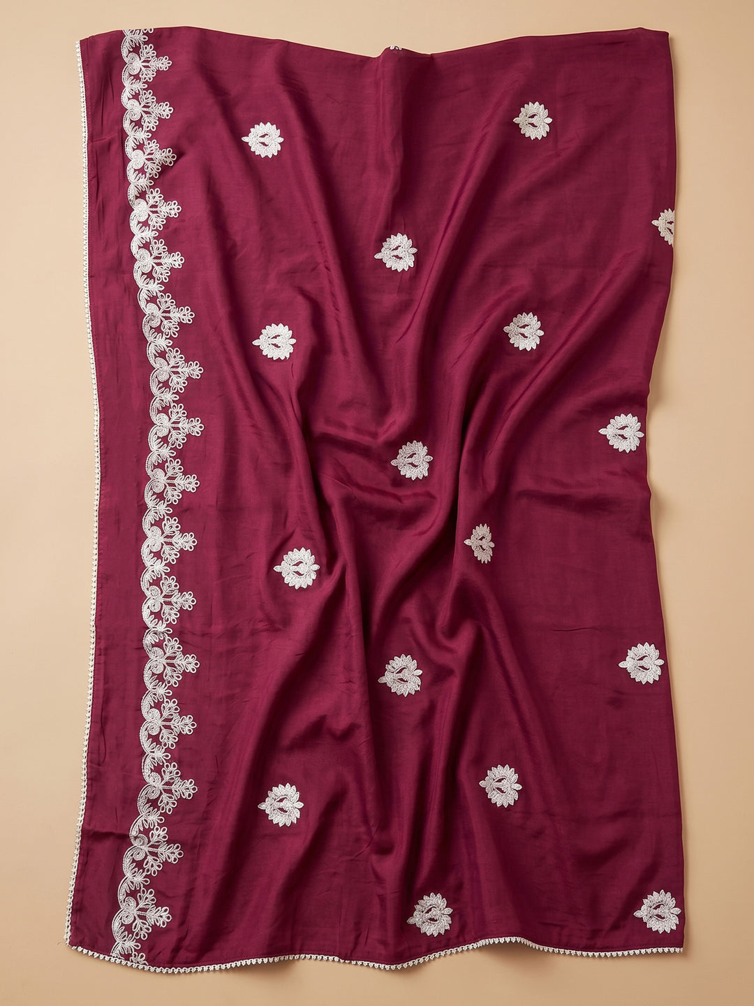 Maroon Embroidered Chanderi Unstitched Suit &amp; Pant With Chanderi Dupatta