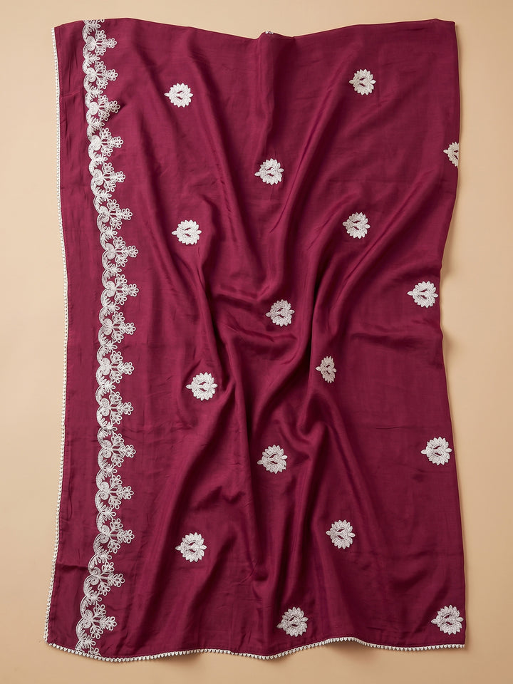 Maroon Embroidered Chanderi Unstitched Suit &amp; Pant With Chanderi Dupatta