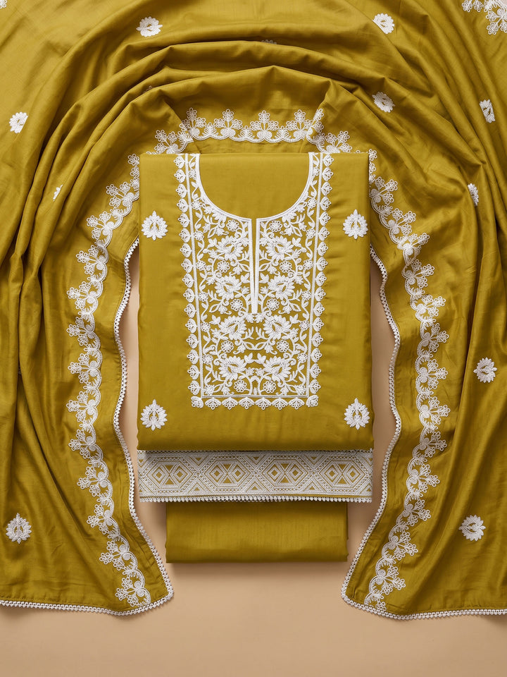 Mustard Embroidered Chanderi Unstitched Suit &amp; Pant With Chanderi Dupatta
