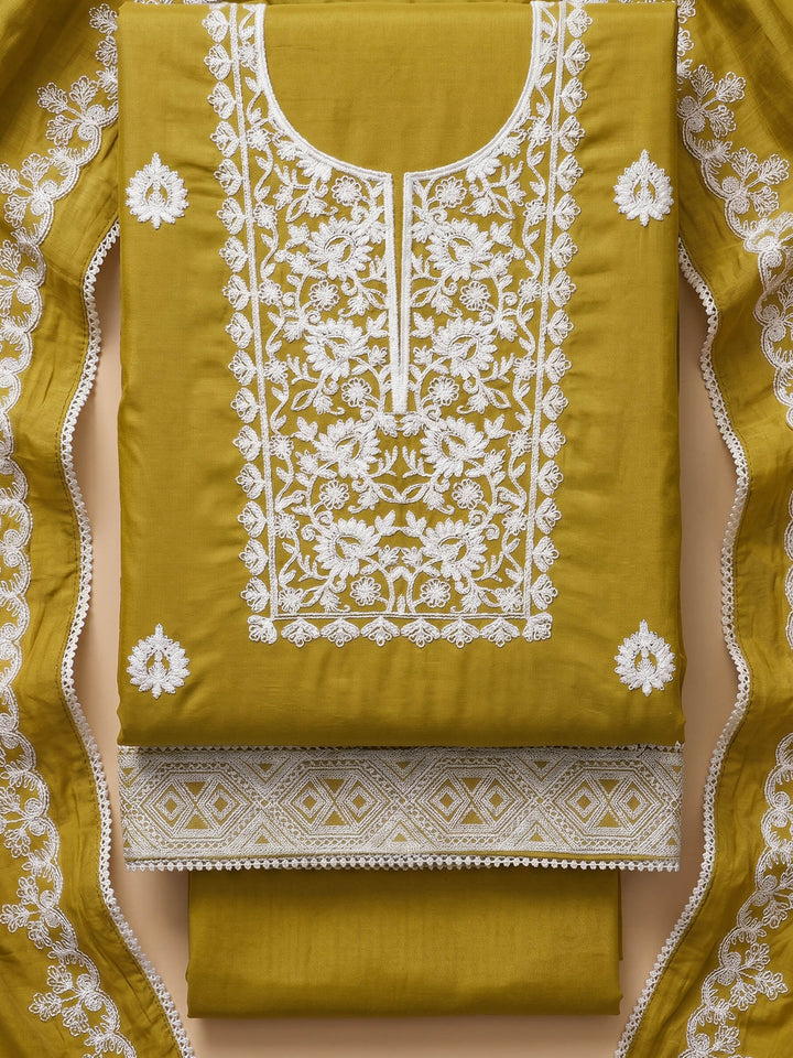 Mustard Embroidered Chanderi Unstitched Suit &amp; Pant With Chanderi Dupatta