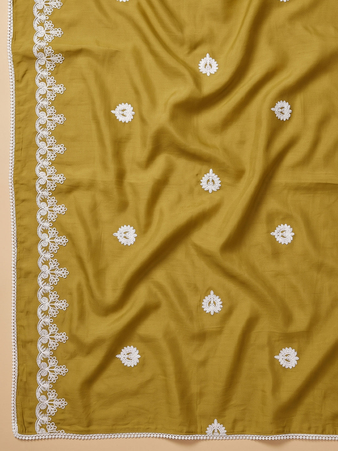 Mustard Embroidered Chanderi Unstitched Suit &amp; Pant With Chanderi Dupatta