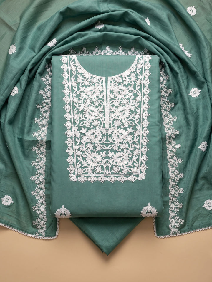 Rama Green Embroidered Chanderi Unstitched Suit &amp; Pant With Chanderi Dupatta
