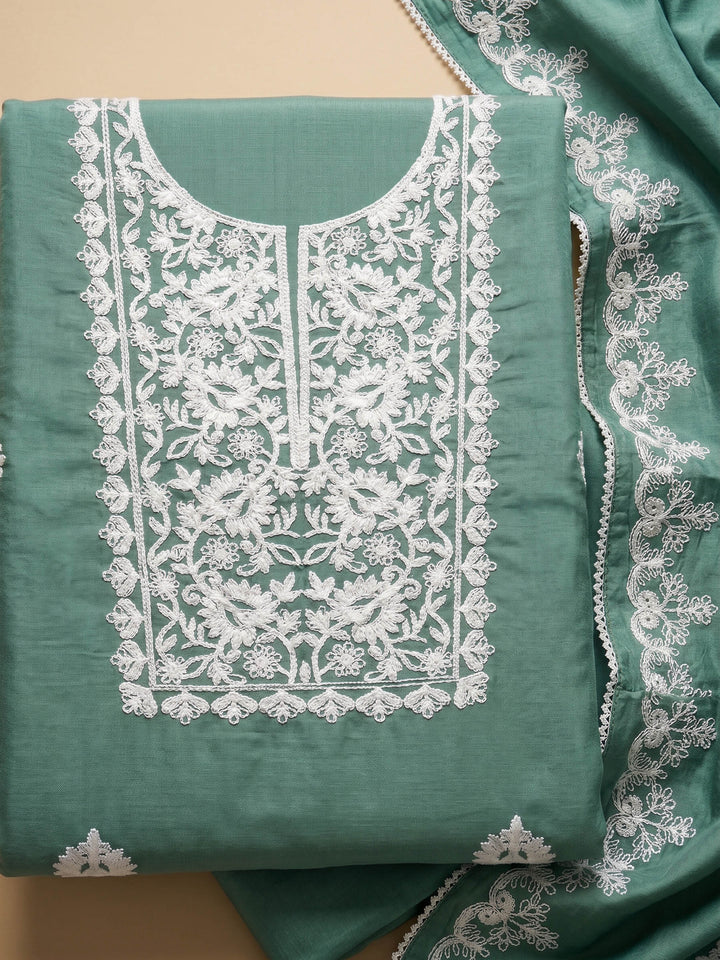 Rama Green Embroidered Chanderi Unstitched Suit &amp; Pant With Chanderi Dupatta