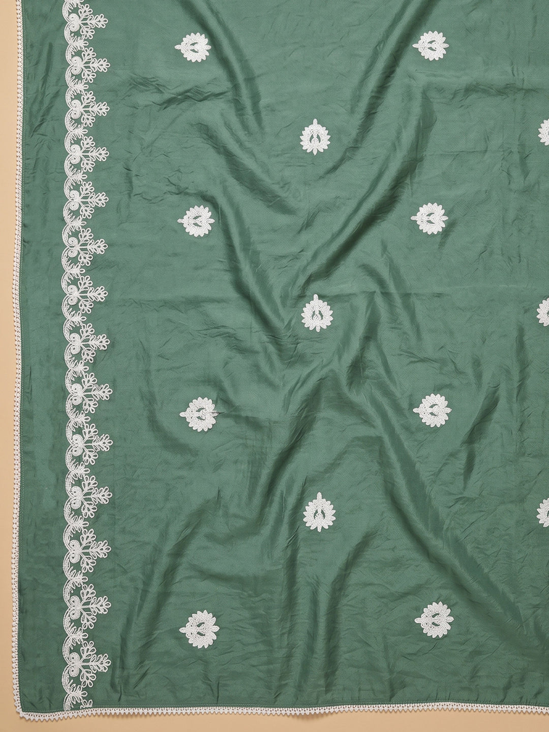 Rama Green Embroidered Chanderi Unstitched Suit &amp; Pant With Chanderi Dupatta