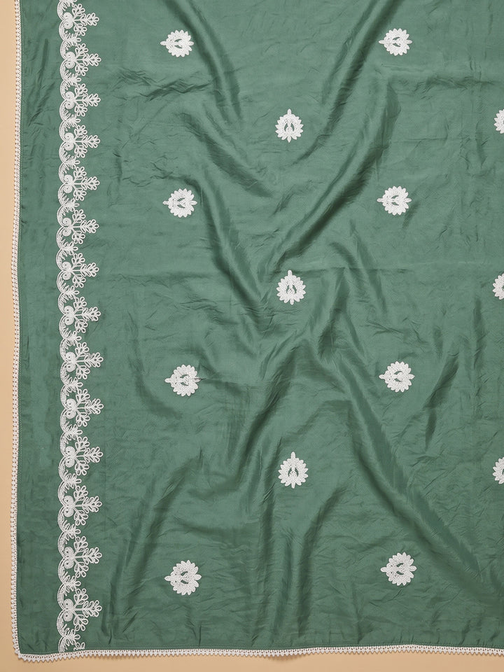 Rama Green Embroidered Chanderi Unstitched Suit &amp; Pant With Chanderi Dupatta