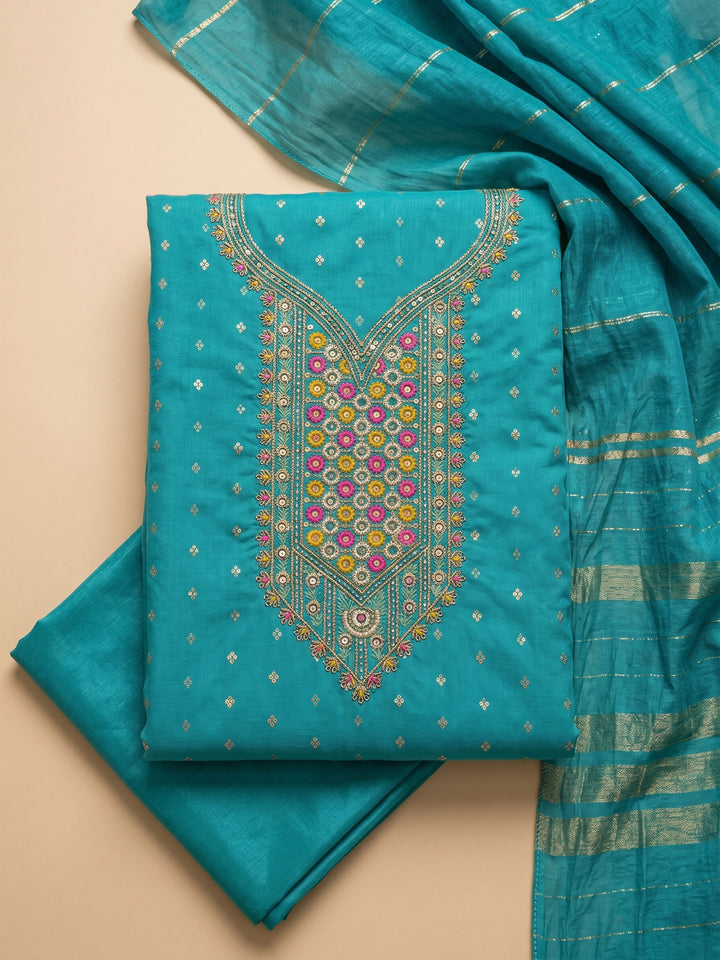 Firozee Embroidered Chanderi Unstitched Suit &amp; Pant With Chanderi Dupatta