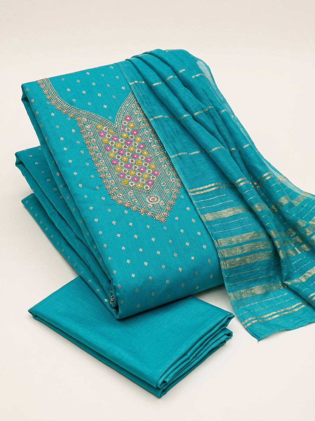 Firozee Embroidered Chanderi Unstitched Suit &amp; Pant With Chanderi Dupatta