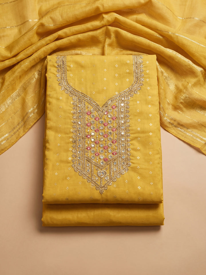 Mustard Embroidered Chanderi Unstitched Suit &amp; Pant With Chanderi Dupatta