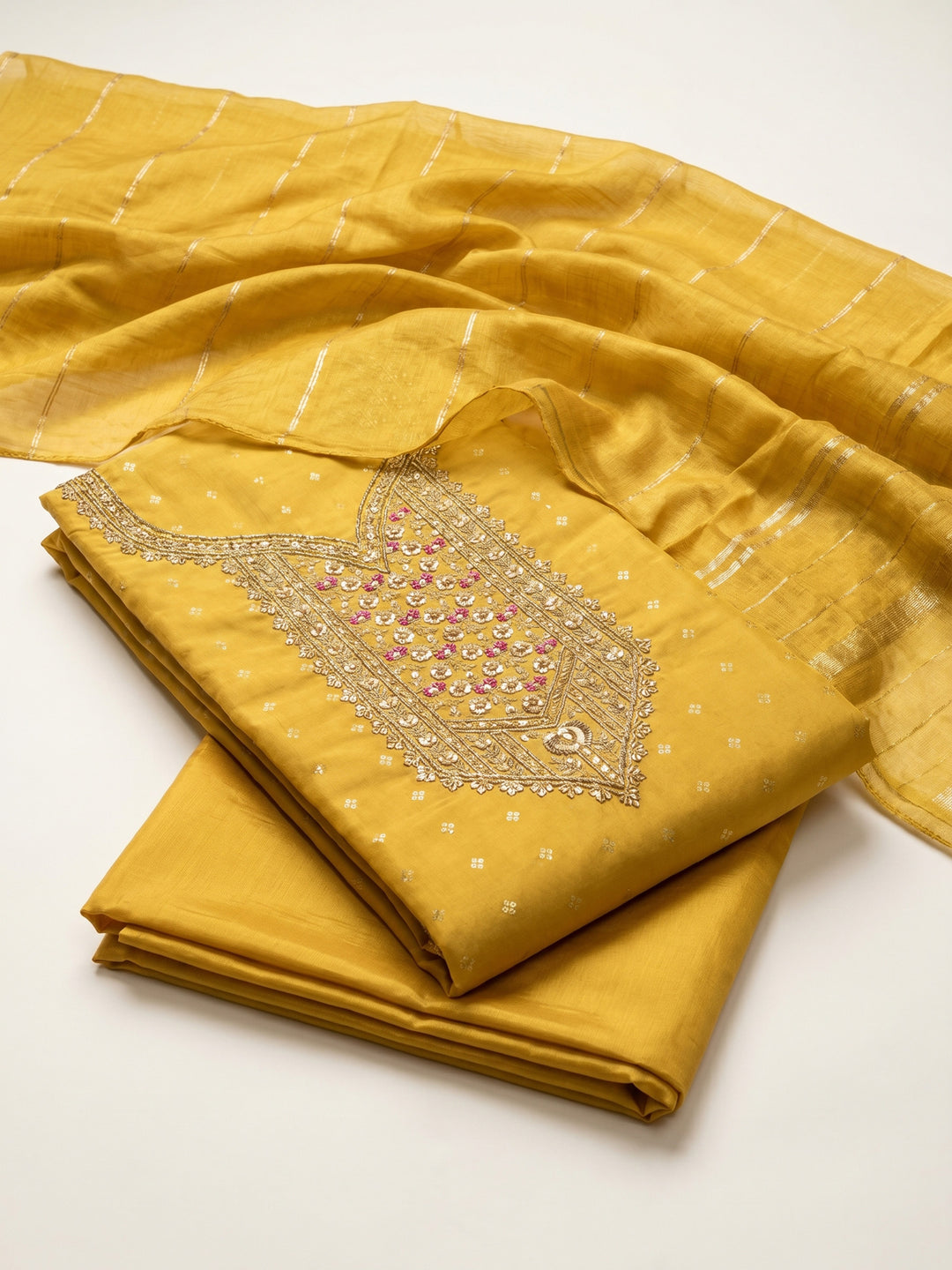 Mustard Embroidered Chanderi Unstitched Suit &amp; Pant With Chanderi Dupatta