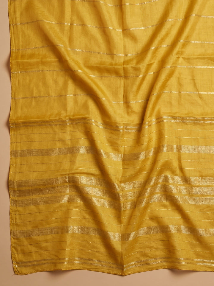 Mustard Embroidered Chanderi Unstitched Suit &amp; Pant With Chanderi Dupatta