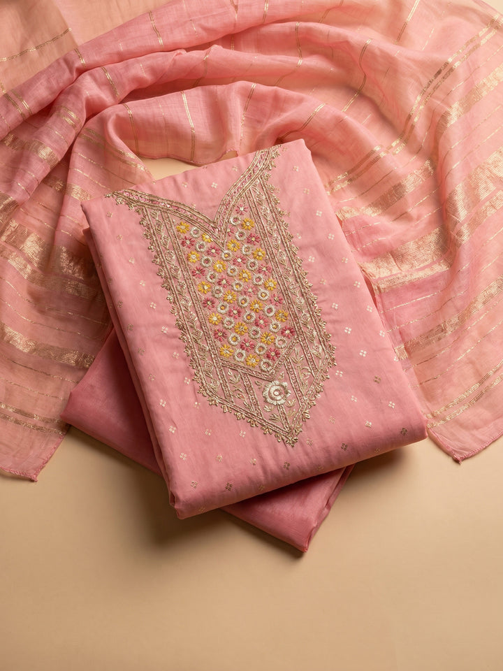 Peach Embroidered Chanderi Unstitched Suit &amp; Pant With Chanderi Dupatta