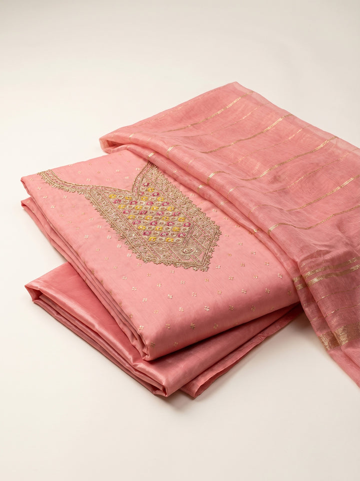 Peach Embroidered Chanderi Unstitched Suit &amp; Pant With Chanderi Dupatta