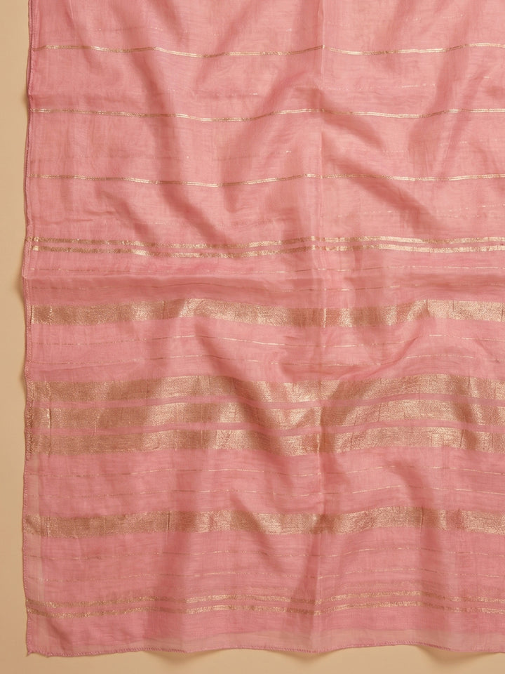 Peach Embroidered Chanderi Unstitched Suit &amp; Pant With Chanderi Dupatta