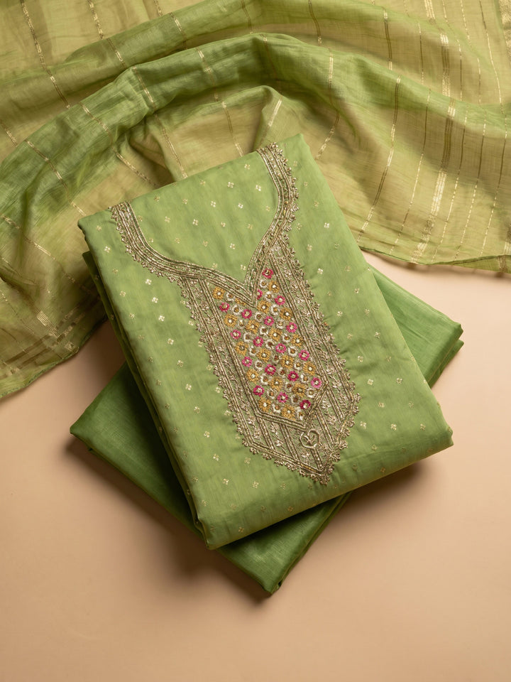 Pista Green Embroidered Chanderi Unstitched Suit &amp; Pant With Chanderi Dupatta