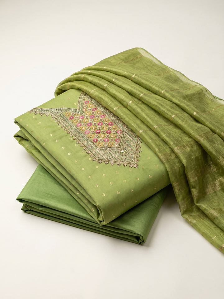 Pista Green Embroidered Chanderi Unstitched Suit &amp; Pant With Chanderi Dupatta