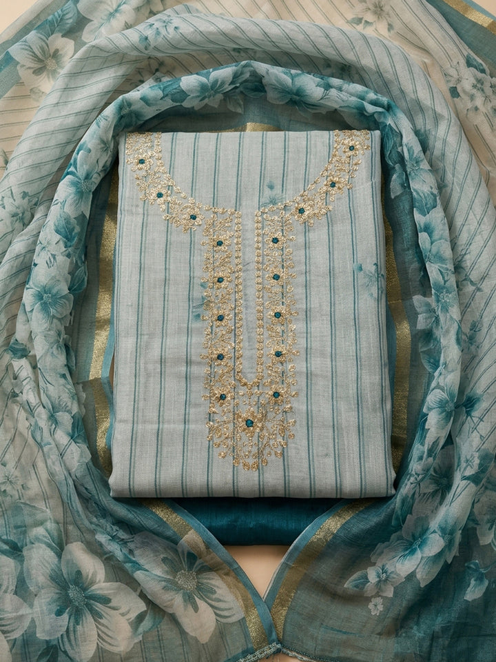 Blue Embroidery Chanderi Unstitched Dress Material