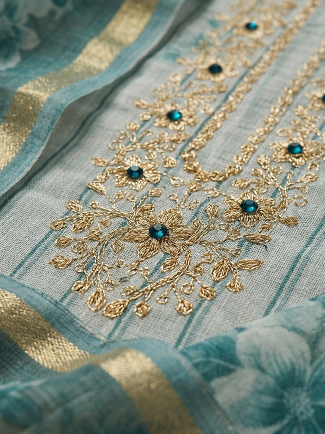 Blue Embroidery Chanderi Unstitched Dress Material