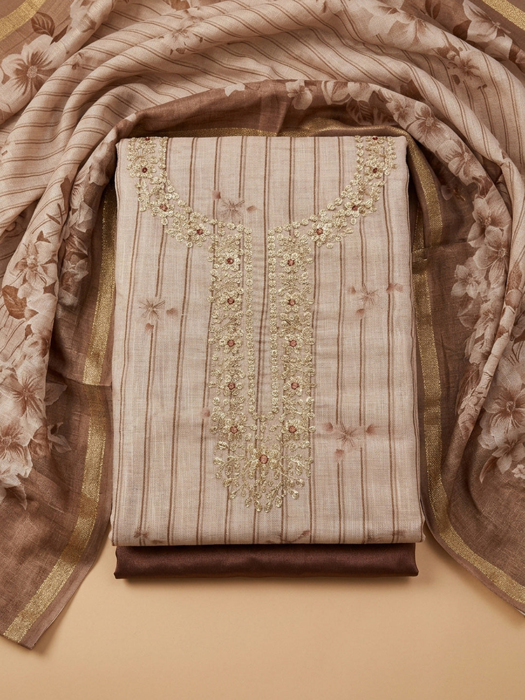 Brown Embroidery Chanderi Unstitched Dress Material