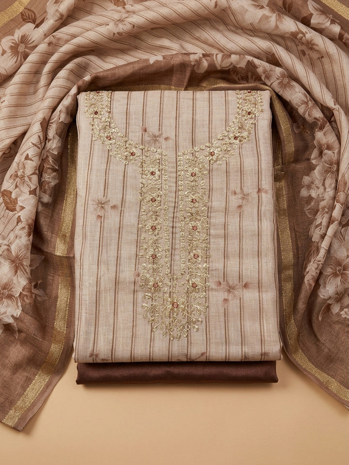 Brown Embroidery Chanderi Unstitched Dress Material