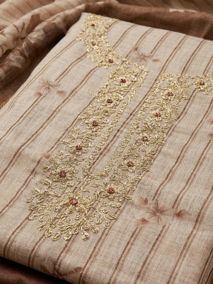 Brown Embroidery Chanderi Unstitched Dress Material