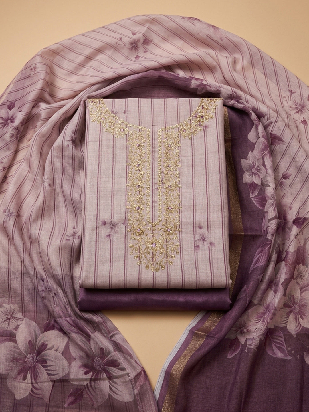 Purple Embroidery Chanderi Unstitched Dress Material