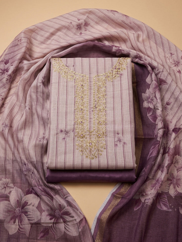 Purple Embroidery Chanderi Unstitched Dress Material