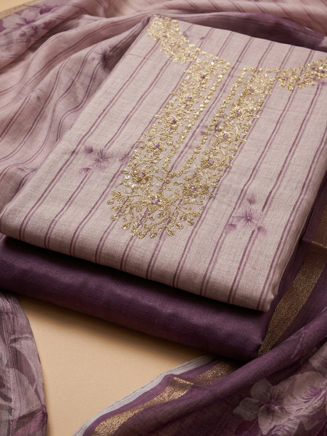 Purple Embroidery Chanderi Unstitched Dress Material