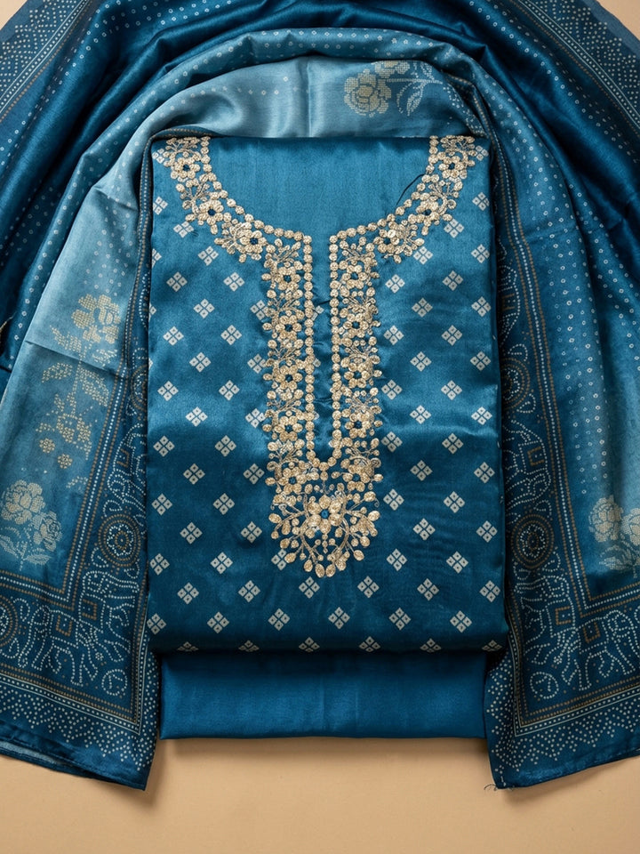 Blue Embroidery Chanderi Unstitched Dress Material