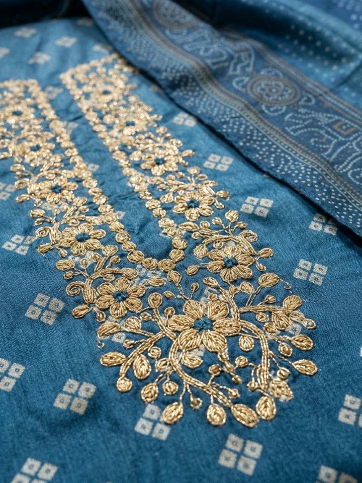 Blue Embroidery Chanderi Unstitched Dress Material