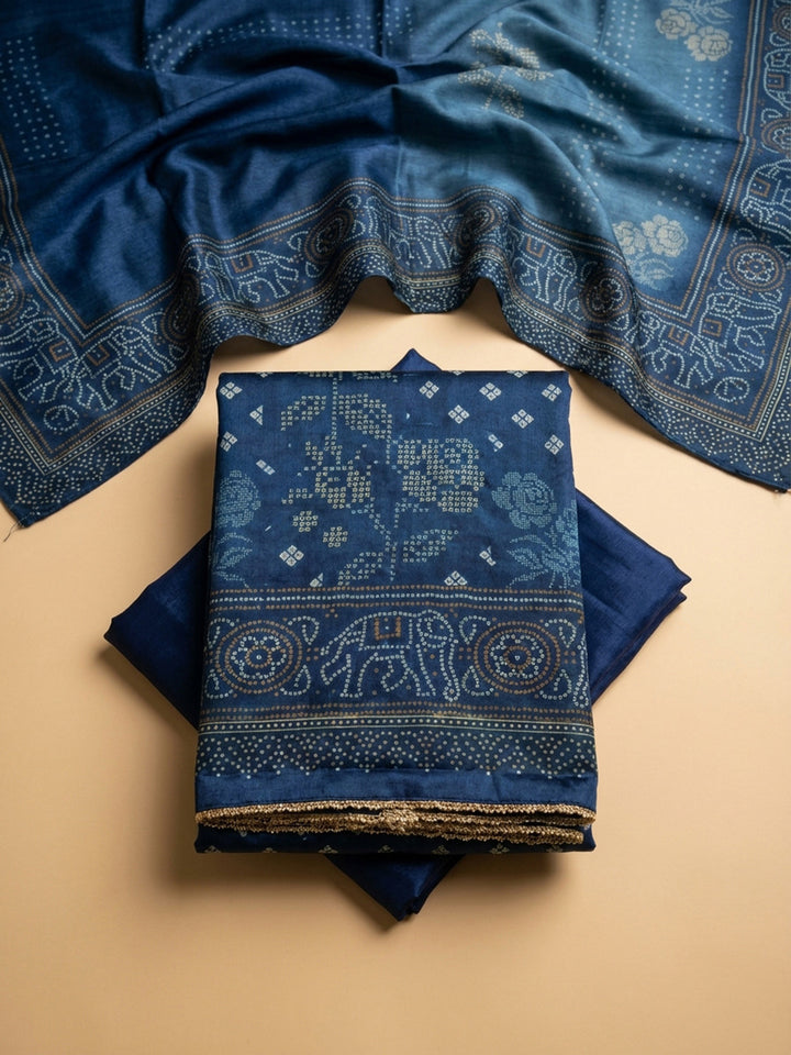 Blue Embroidery Chanderi Unstitched Dress Material