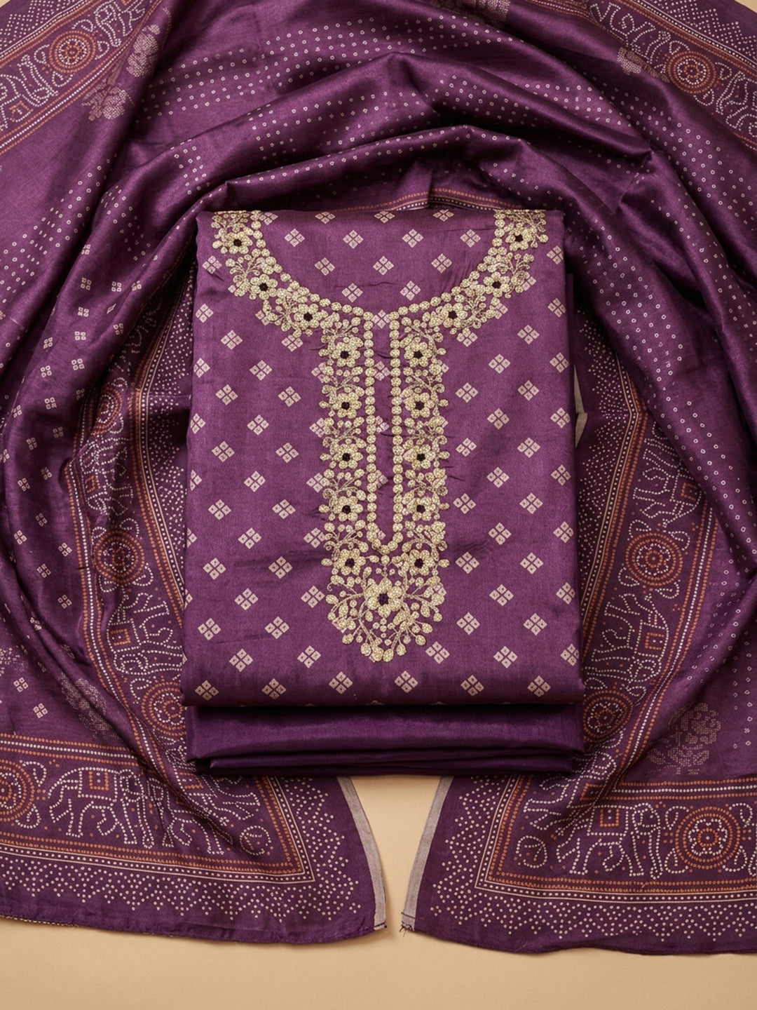 Purple Embroidery Chanderi Unstitched Dress Material