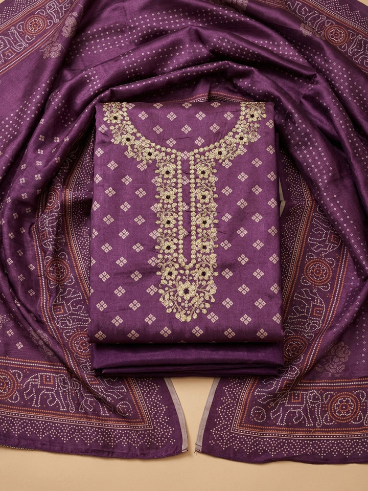 Purple Embroidery Chanderi Unstitched Dress Material