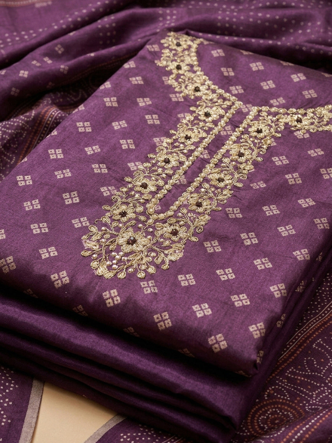 Purple Embroidery Chanderi Unstitched Dress Material