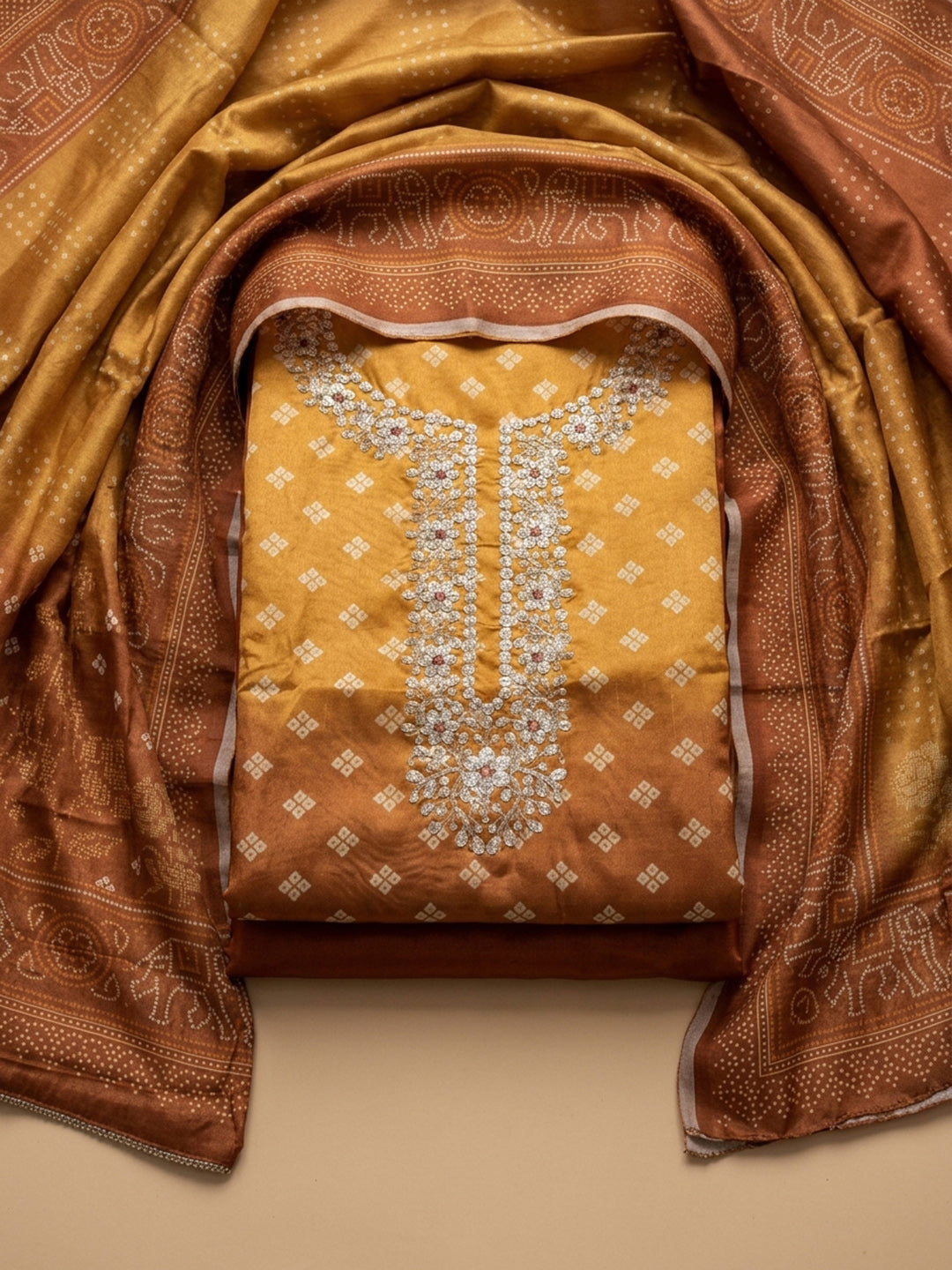 Rust Embroidery Chanderi Unstitched Dress Material